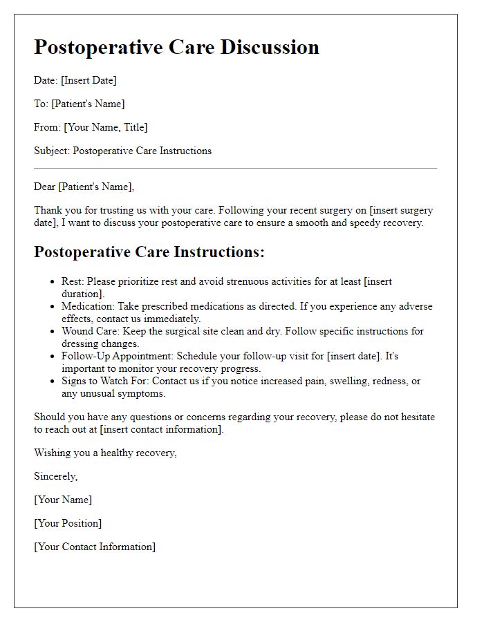 Letter template of postoperative care discussion