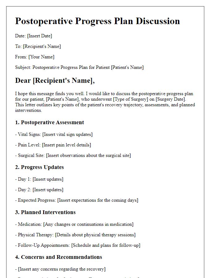 Letter template of postoperative progress plan discussion