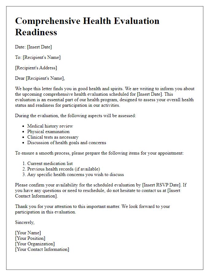 Letter template of comprehensive health evaluation readiness.