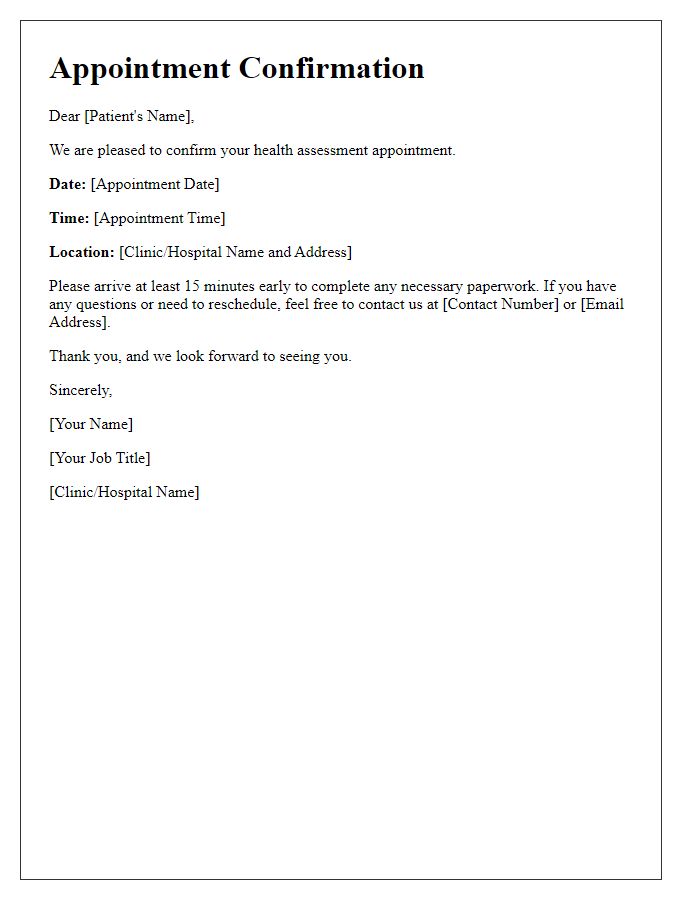 Letter template of health assessment appointment confirmation.