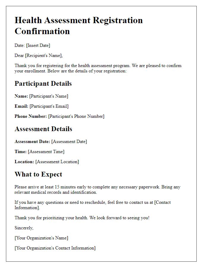 Letter template of health assessment registration process.