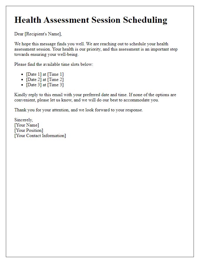 Letter template of health assessment session scheduling.