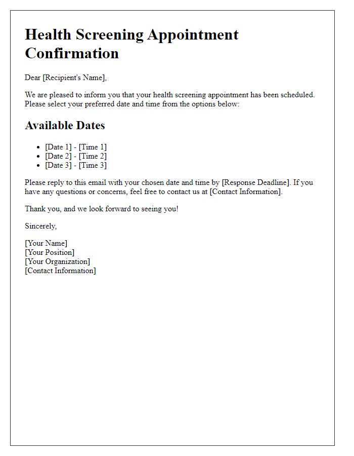 Letter template of health screening date selection.