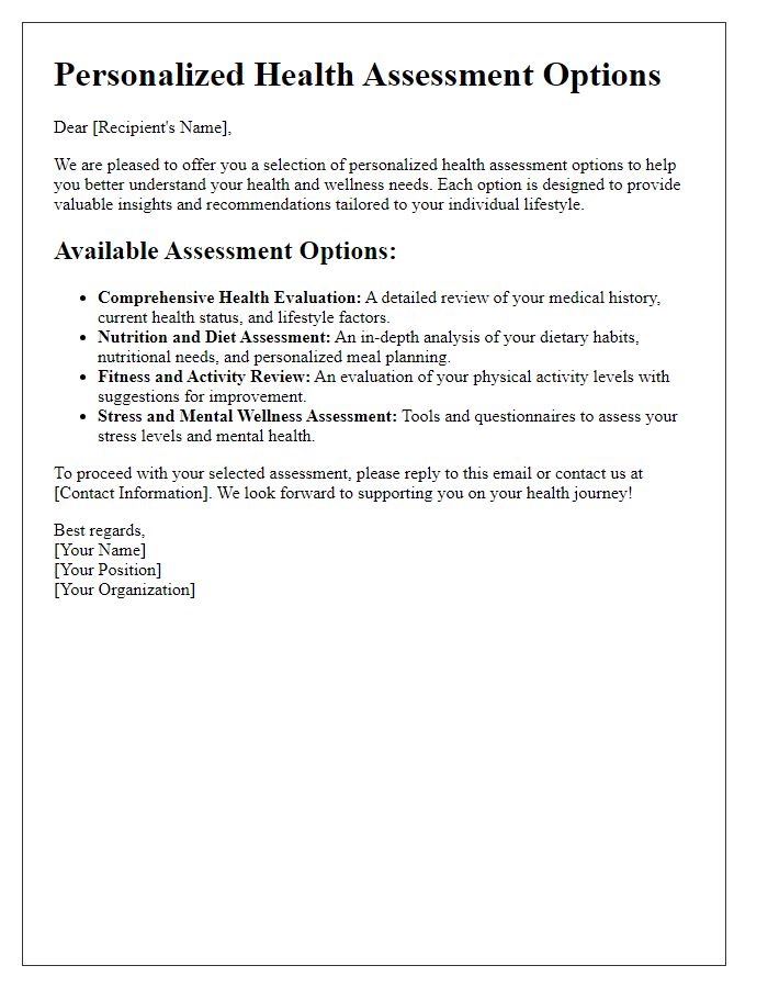 Letter template of personalized health assessment options.