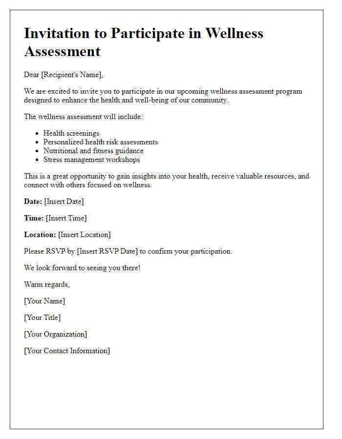 Letter template of wellness assessment participation invitation.