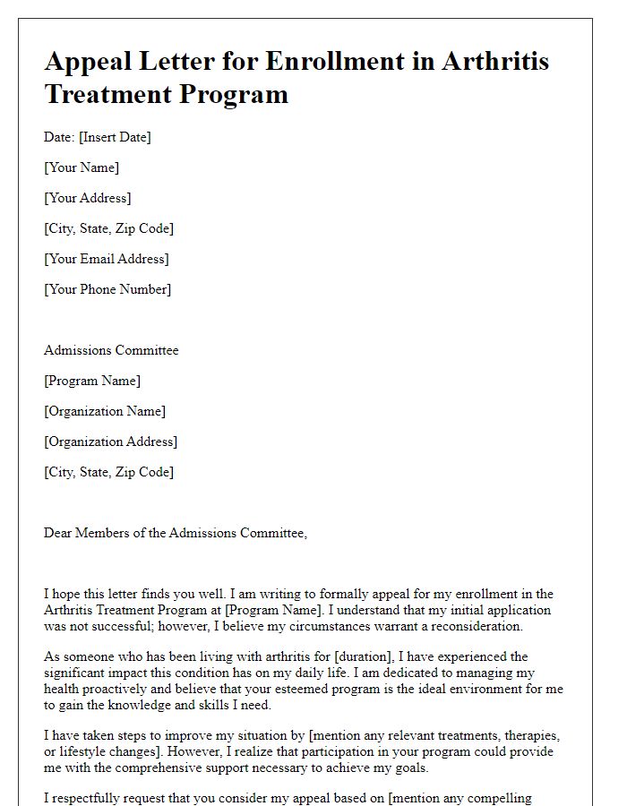 Letter template of appeal for enrollment in arthritis treatment program