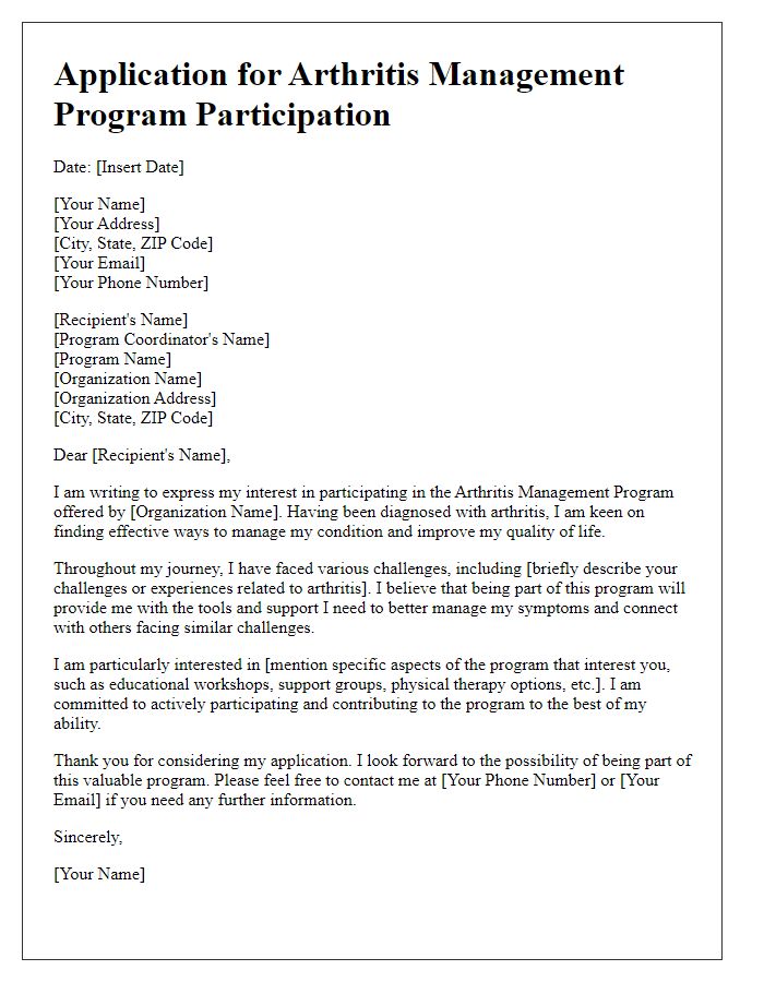 Letter template of application for arthritis management program participation