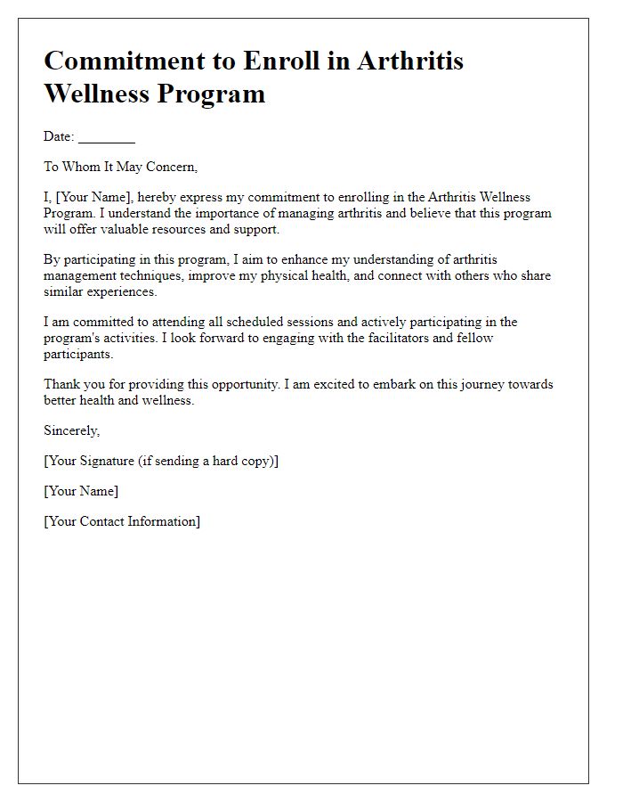 Letter template of commitment to enrolling in arthritis wellness program