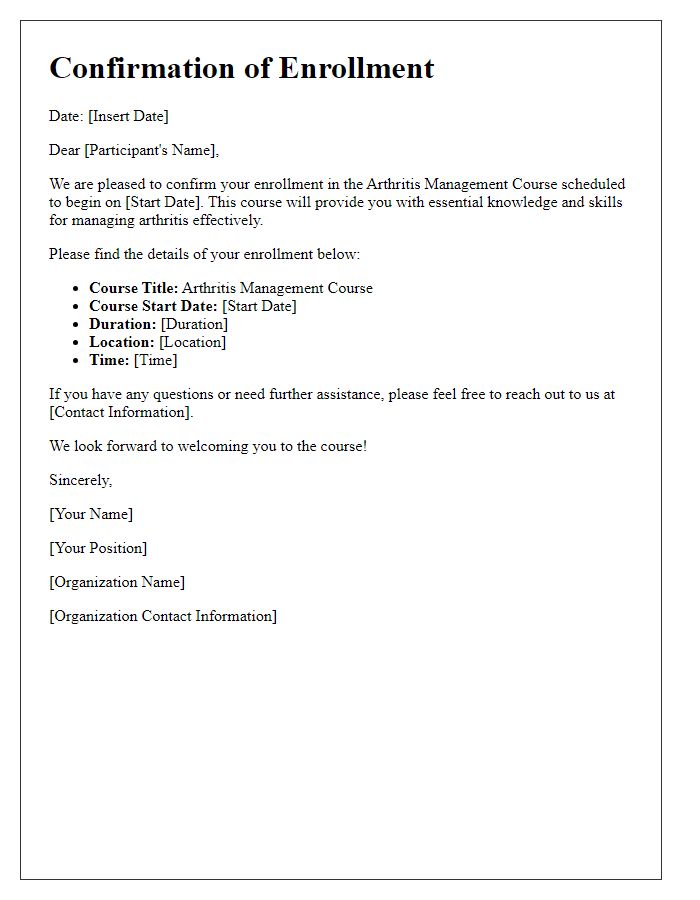 Letter template of confirmation of enrollment in arthritis management course