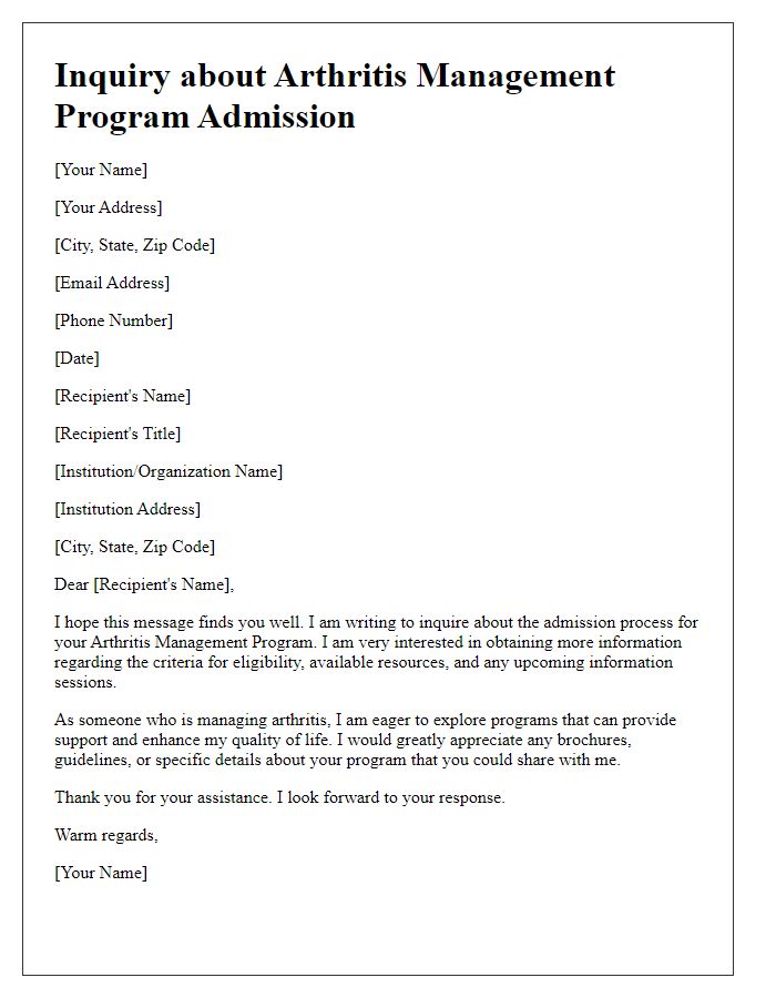 Letter template of inquiry about arthritis management program admission