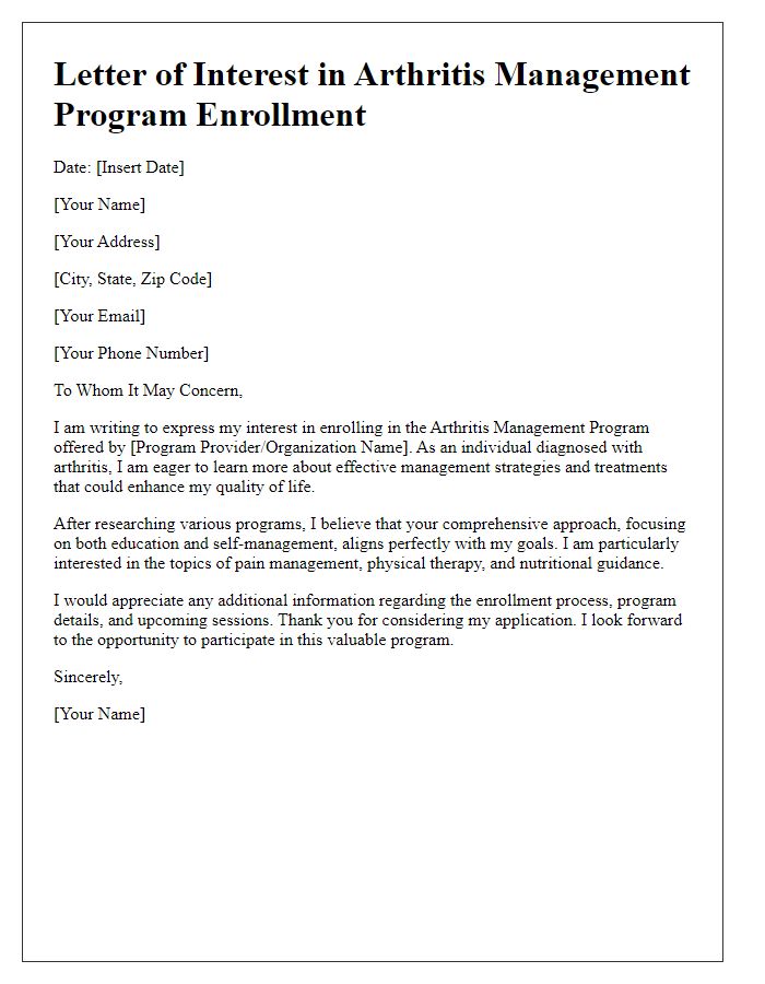 Letter template of interest in arthritis management program enrollment