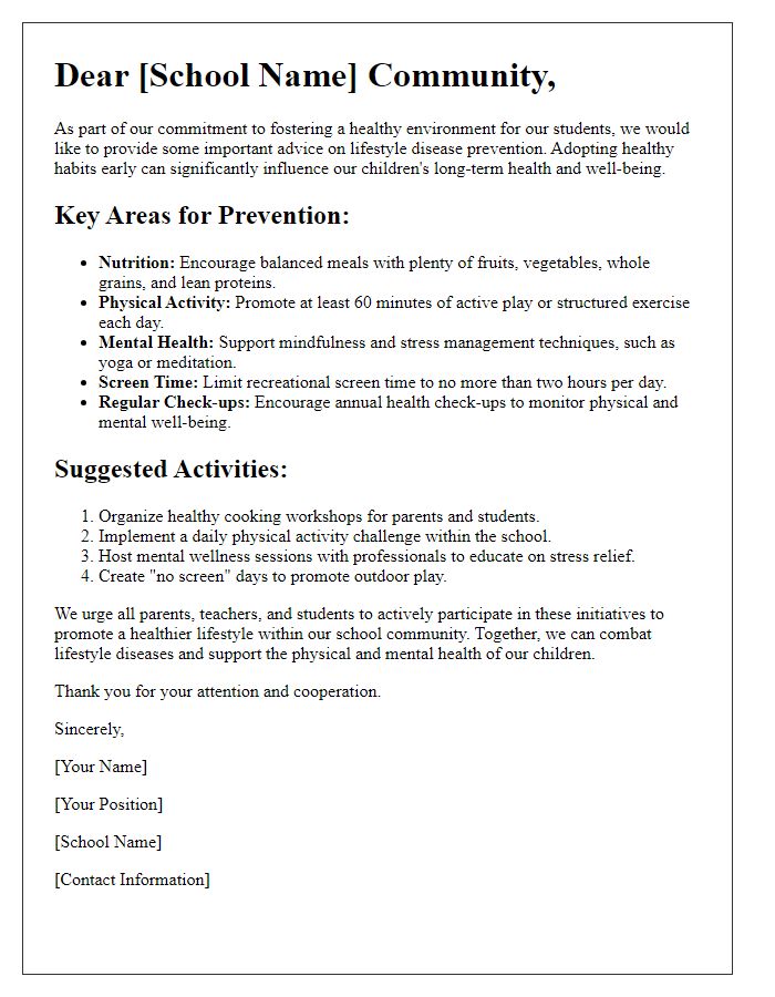 Letter template of lifestyle disease prevention advice for schools