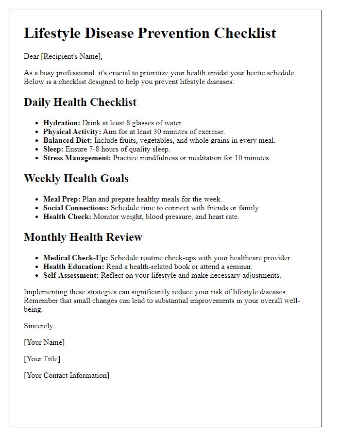 Letter template of lifestyle disease prevention checklists for busy professionals