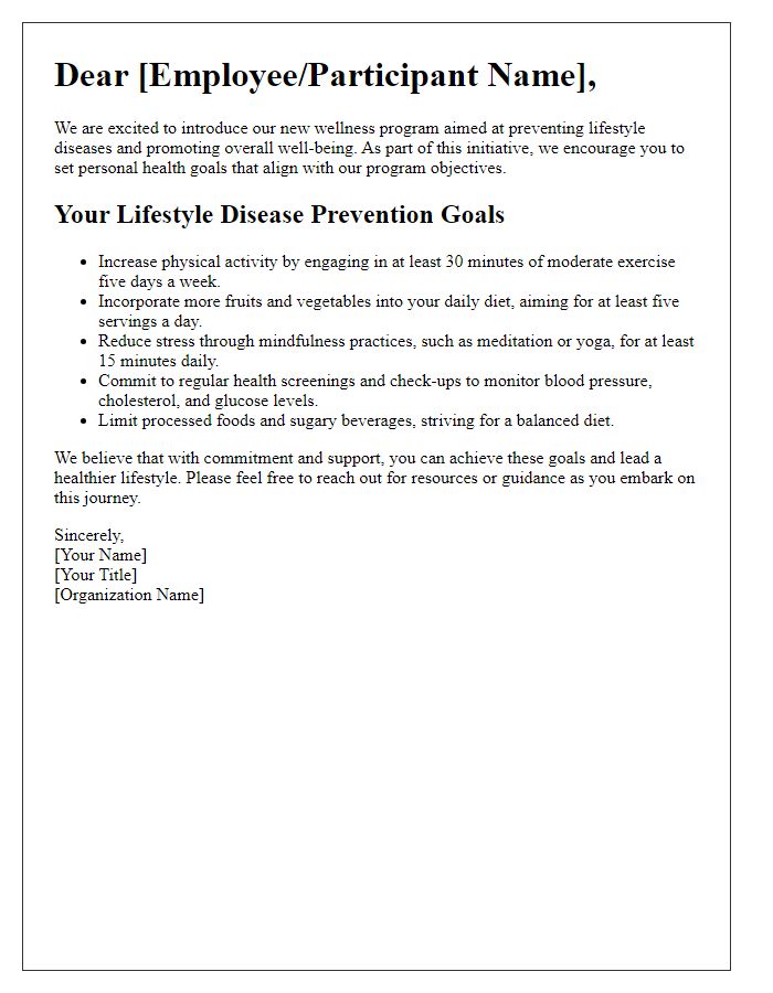 Letter template of lifestyle disease prevention goals for wellness programs