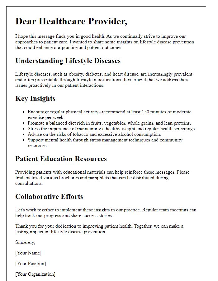 Letter template of lifestyle disease prevention insights for healthcare providers