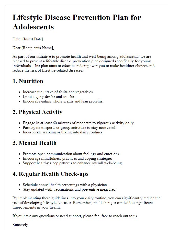 Letter template of lifestyle disease prevention plans for adolescents