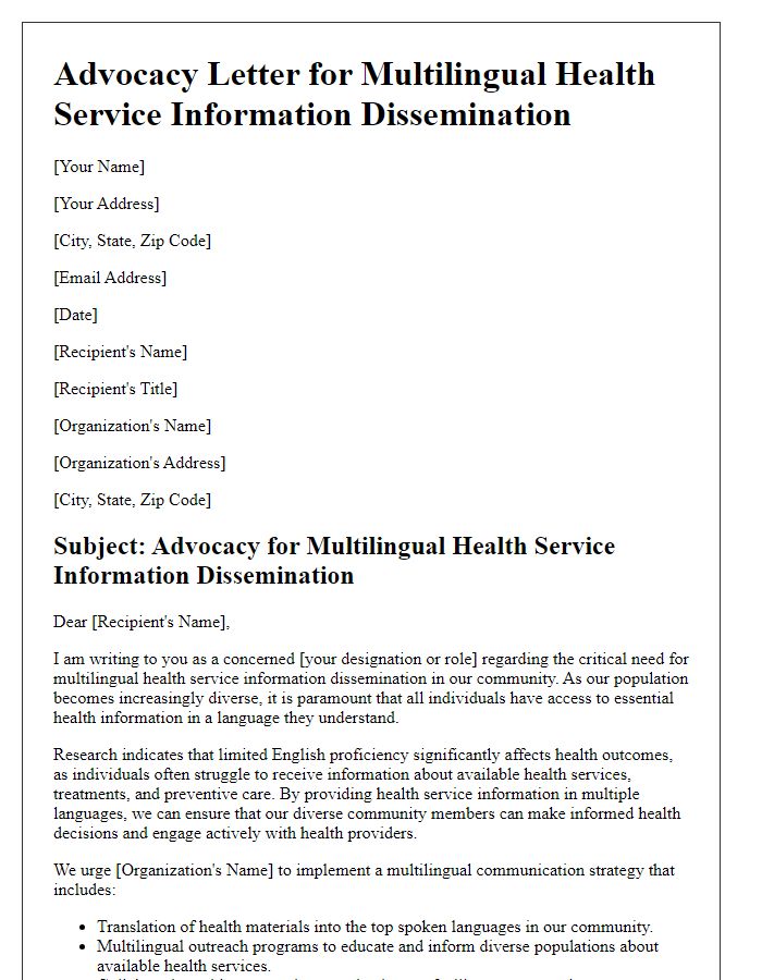 Letter template of advocacy for multilingual health service information dissemination.