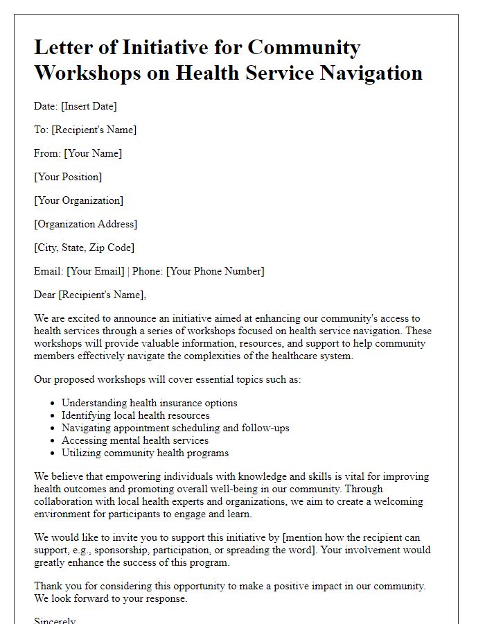 Letter template of initiative for community workshops on health service navigation.