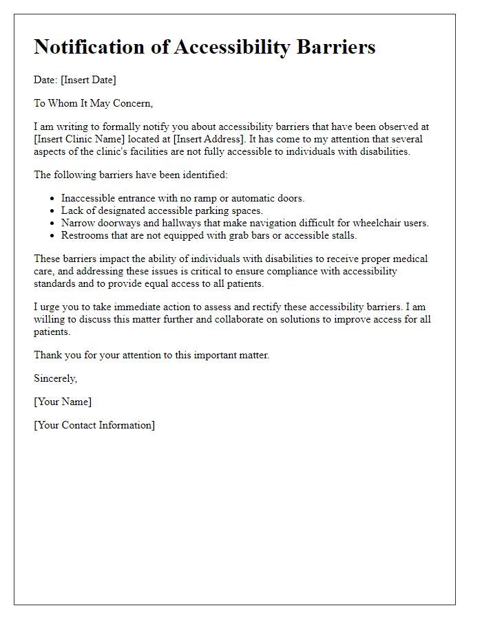 Letter template of notification regarding accessibility barriers at local clinics.