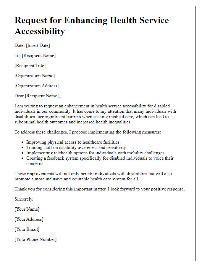 Letter template of request for enhancing health service accessibility for disabled individuals.