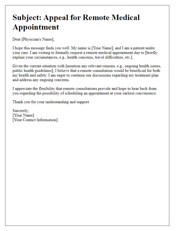 Letter template of appeal for remote medical appointment with physician.