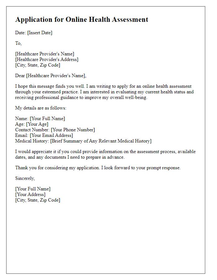Letter template of application for online health assessment with healthcare provider.