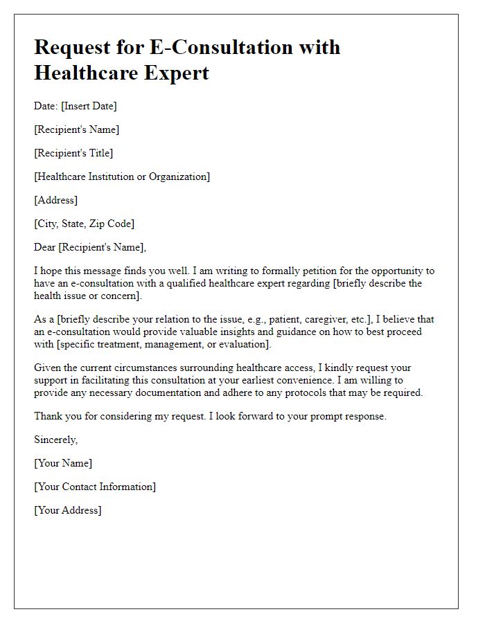 Letter template of petition for e-consultation with healthcare expert.