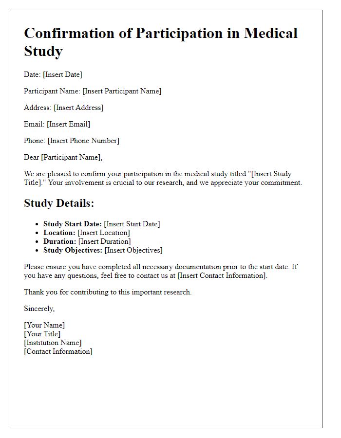 Letter template of confirmation for medical study participation details