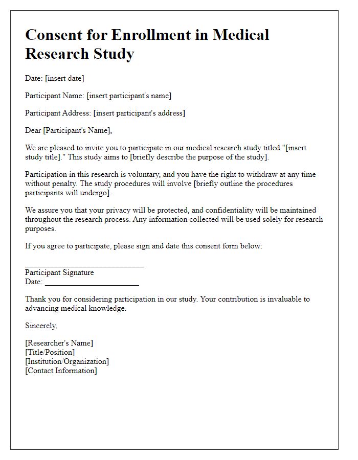 Letter template of consent for enrollment in medical research study