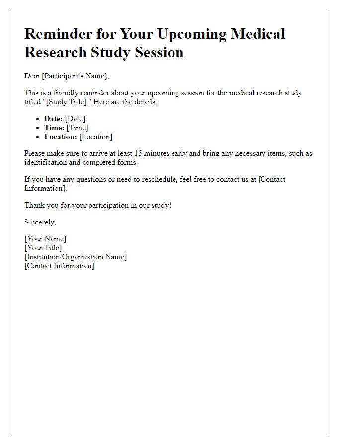 Letter template of reminder for upcoming medical research study session