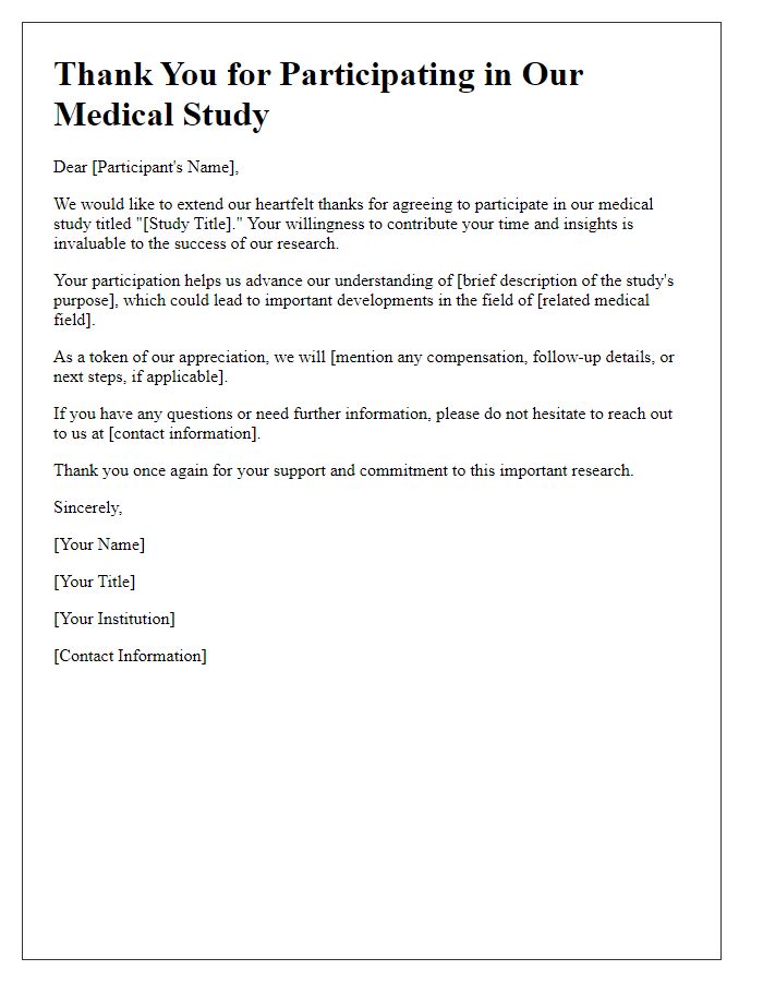 Letter template of thank you for agreeing to participate in a medical study