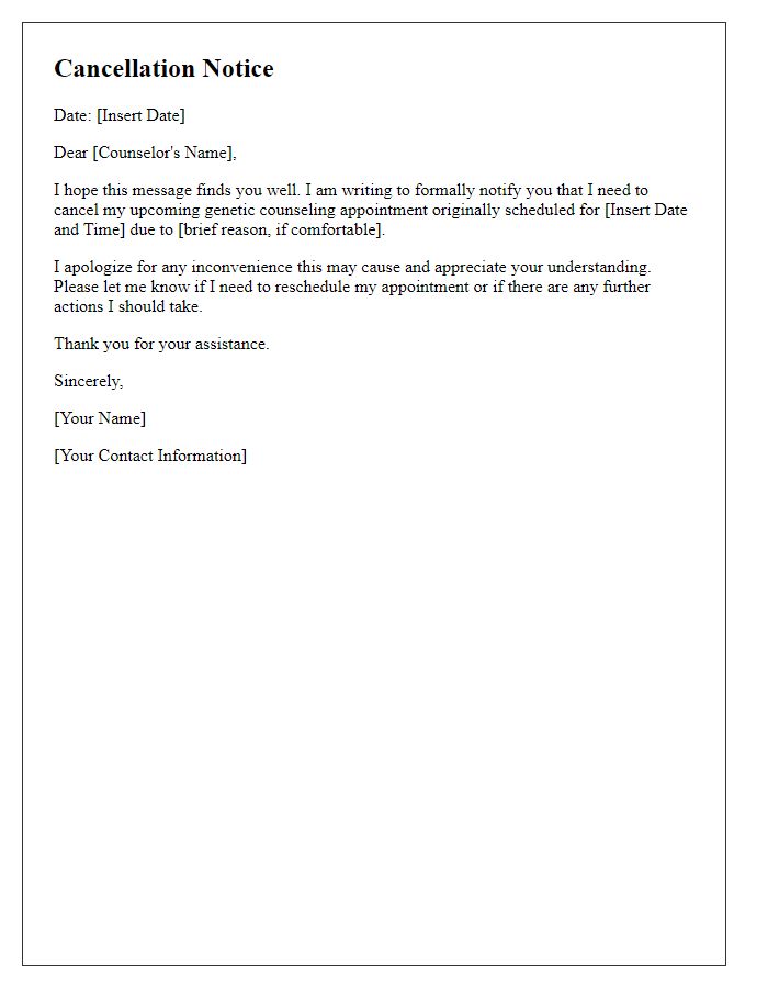 Letter template of cancellation notice for genetic counseling meeting