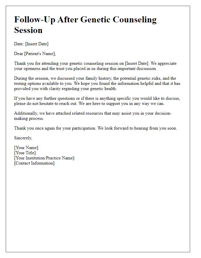 Letter template of follow-up after genetic counseling session