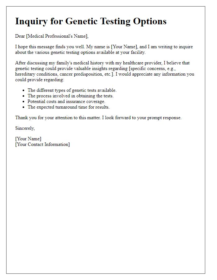 Letter template of inquiry for genetic testing options