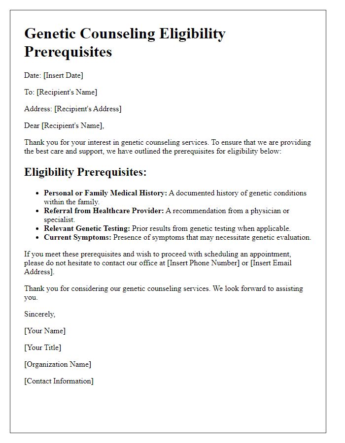 Letter template of prerequisites for genetic counseling eligibility