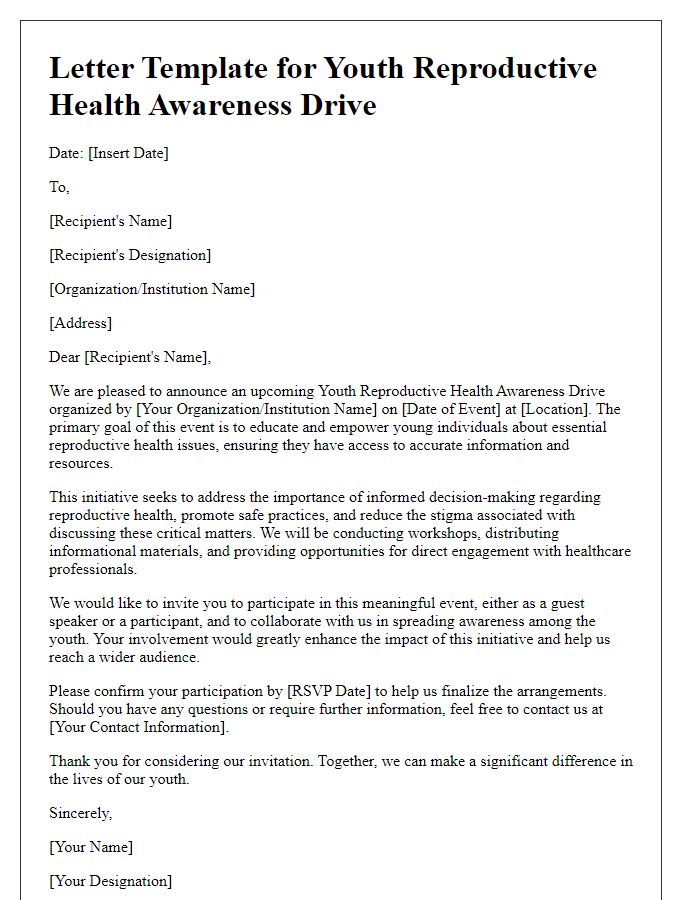 Letter template of youth reproductive health awareness drive