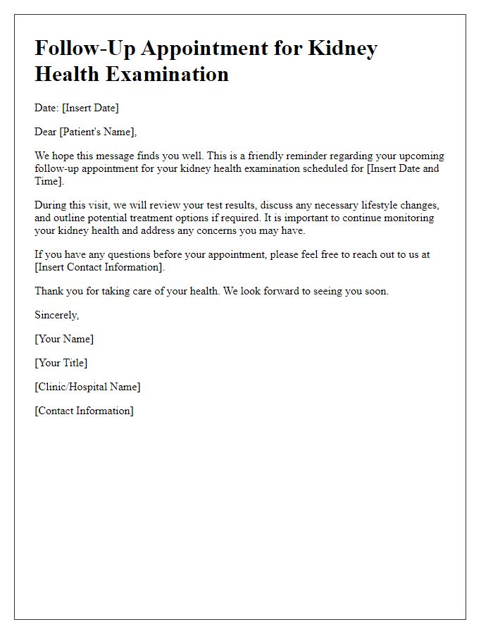 Letter template of follow-up kidney health examination