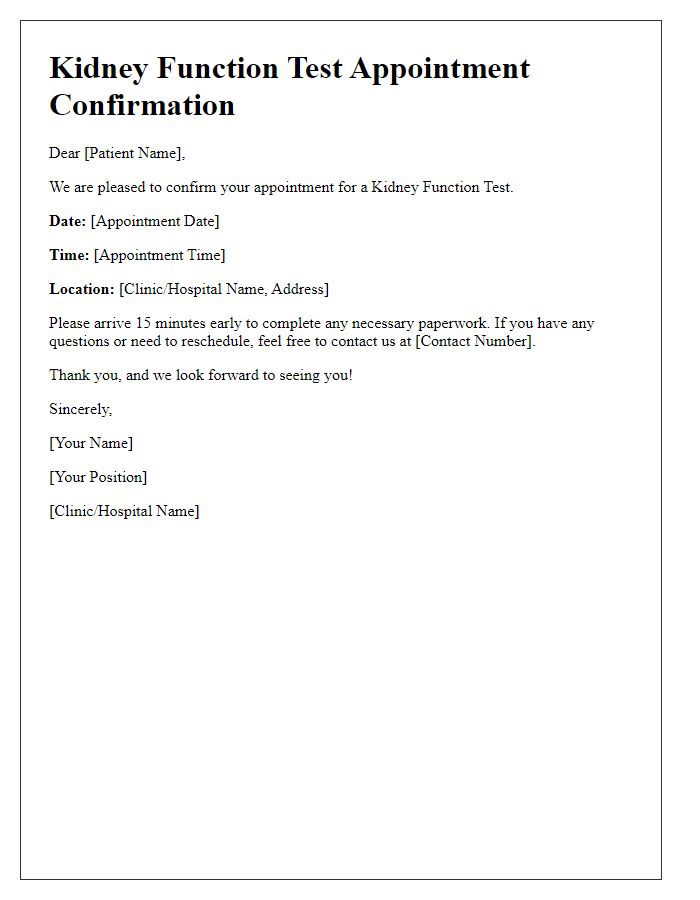 Letter template of kidney function test appointment