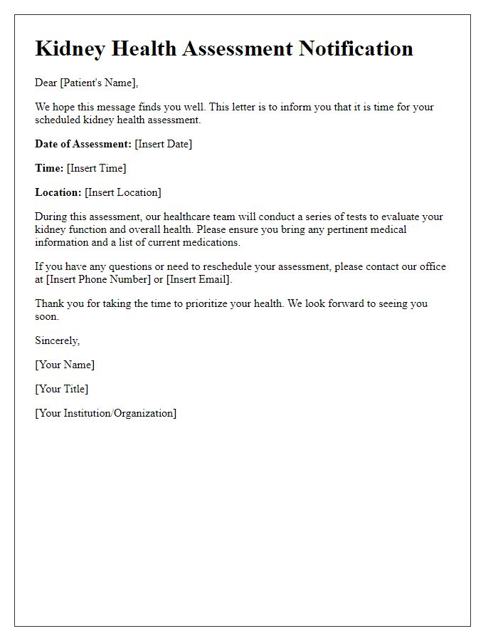 Letter template of kidney health assessment notification