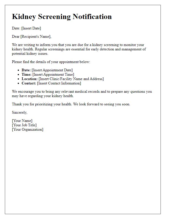 Letter template of kidney screening notification