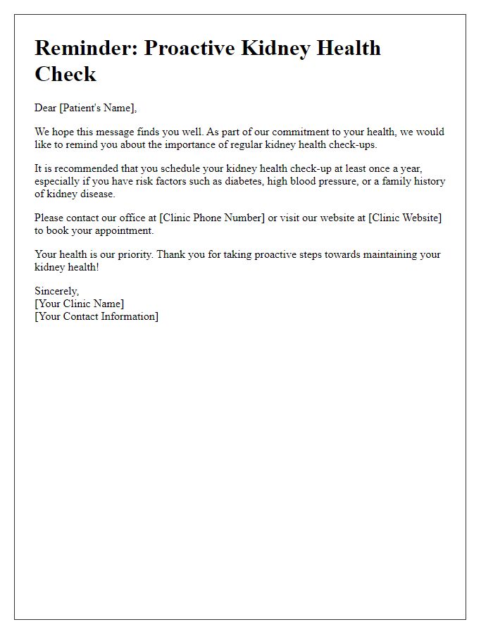 Letter template of proactive kidney health check reminder