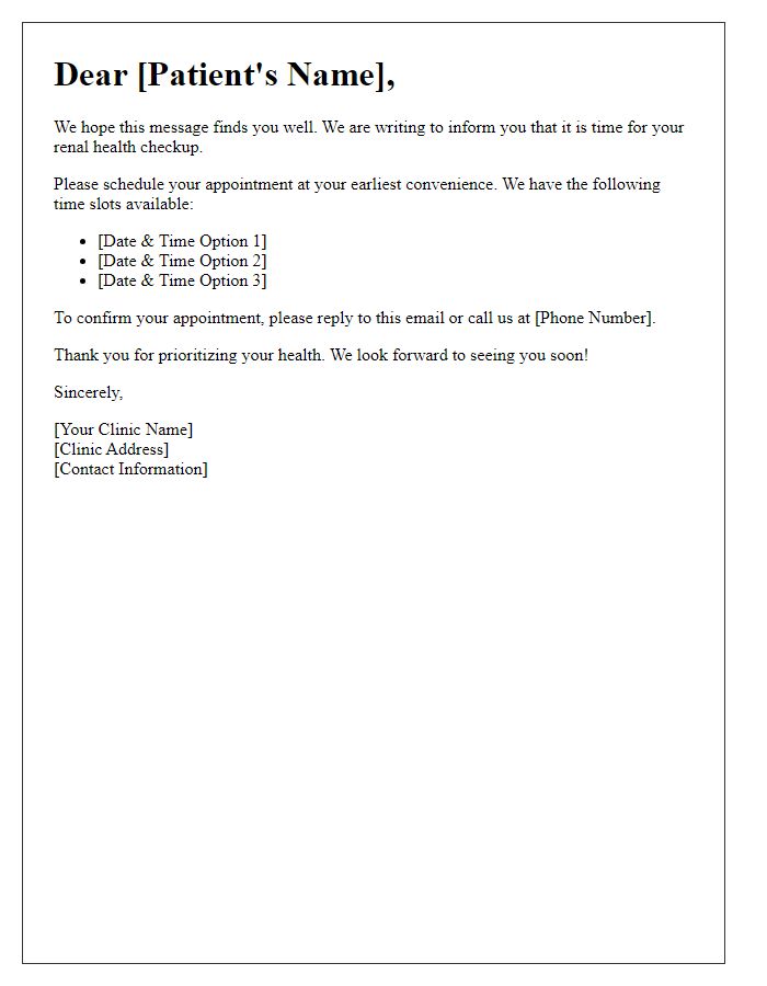 Letter template of renal health checkup scheduling