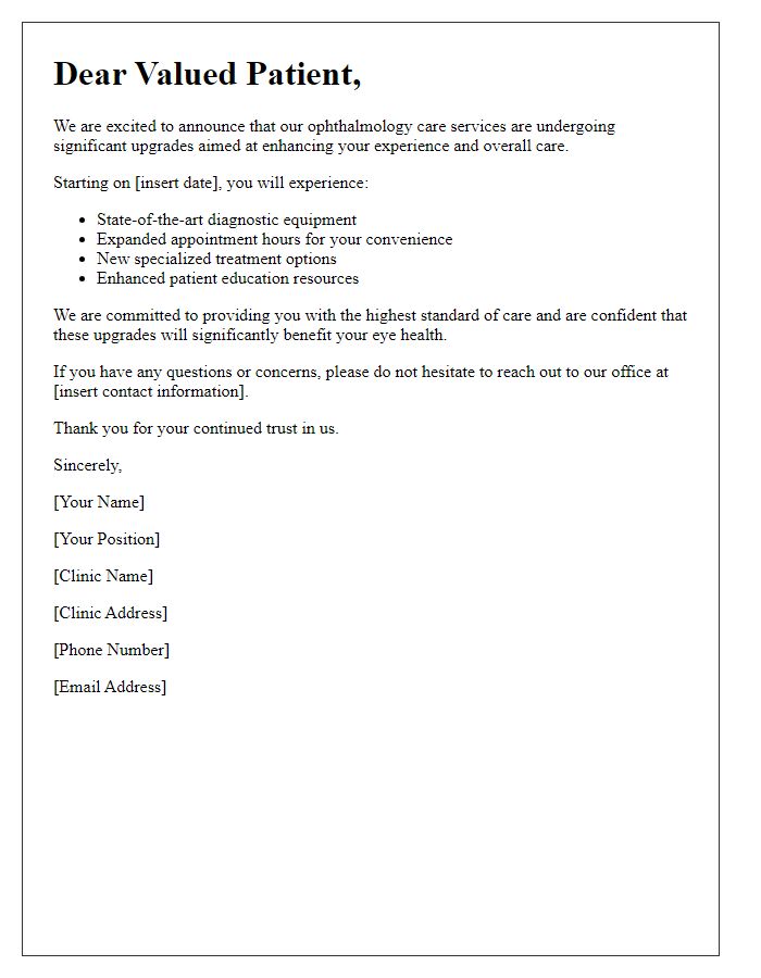 Letter template of ophthalmology care service upgrades