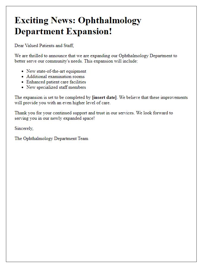 Letter template of ophthalmology department expansion news