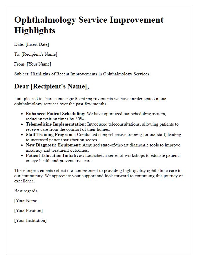 Letter template of ophthalmology service improvement highlights