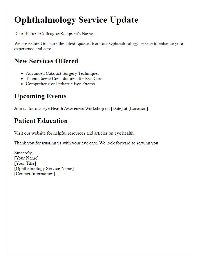 Letter template of ophthalmology service offering updates