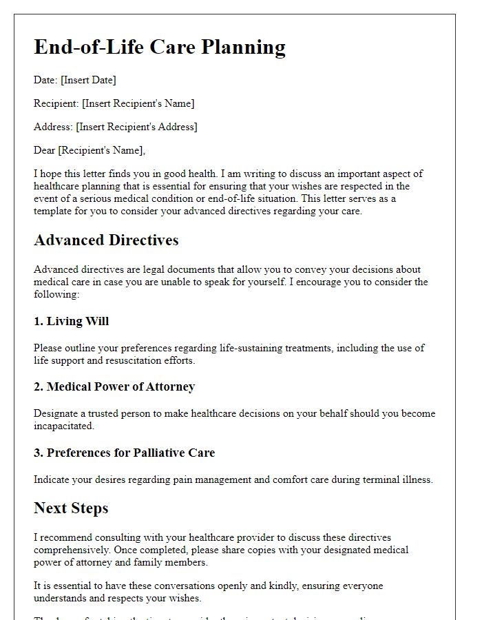 Letter template of end-of-life care planning for advanced directives