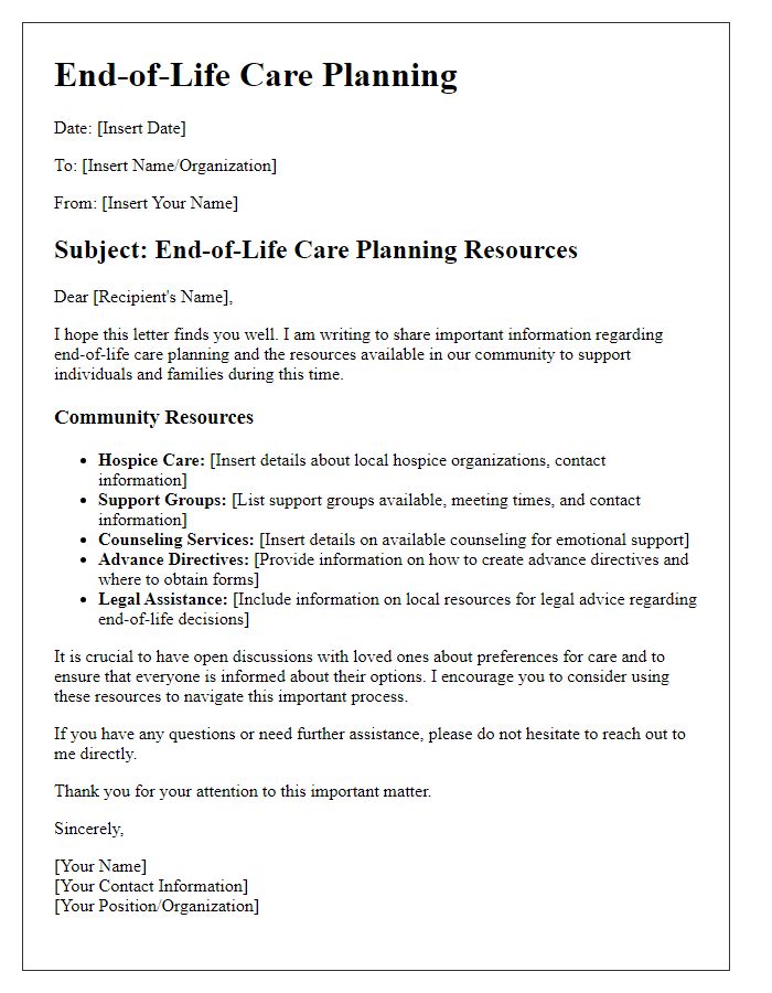 Letter template of end-of-life care planning for community resources