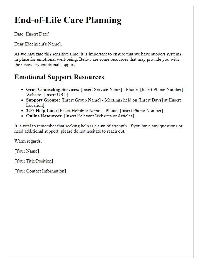 Letter template of end-of-life care planning for emotional support resources