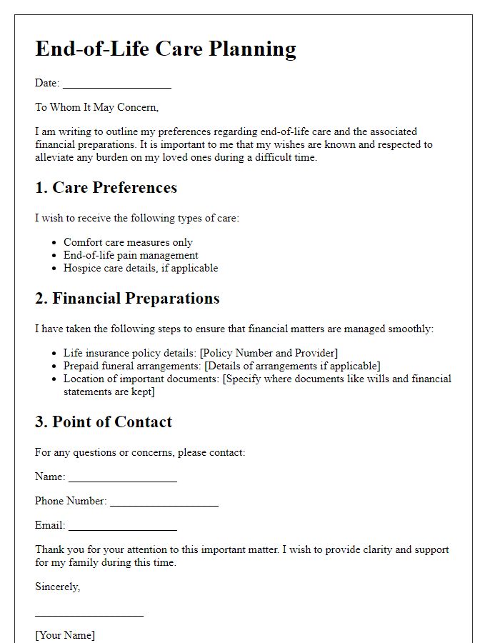 Letter template of end-of-life care planning for financial preparations